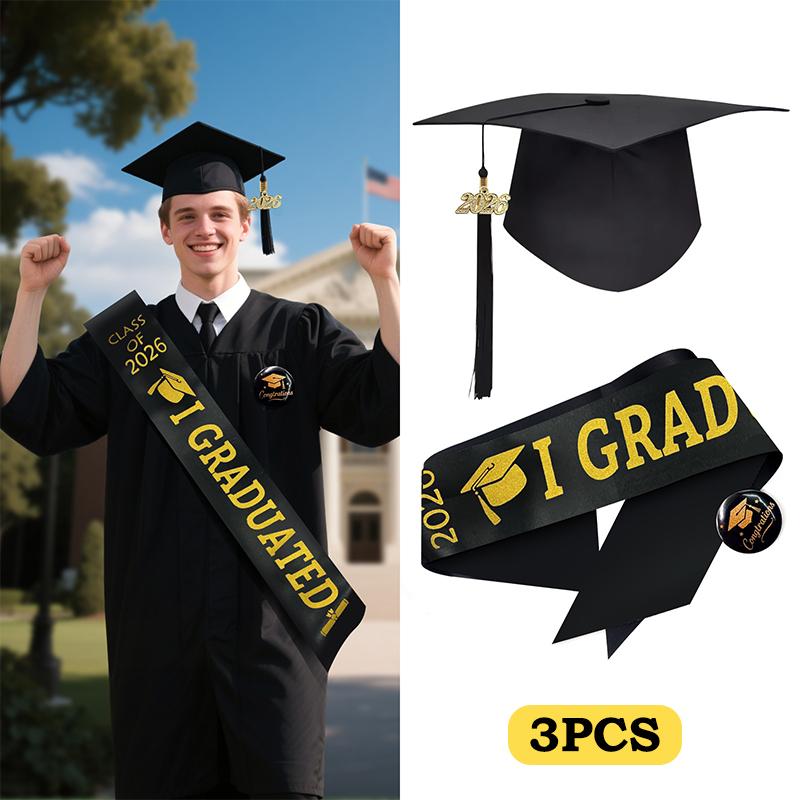 1/2/3Pc Class Of 2026 Black Golden Satin Sash Bachelor Cap With Tassel Graduation Shoulder Strap Congrats Grad Party Photo Props