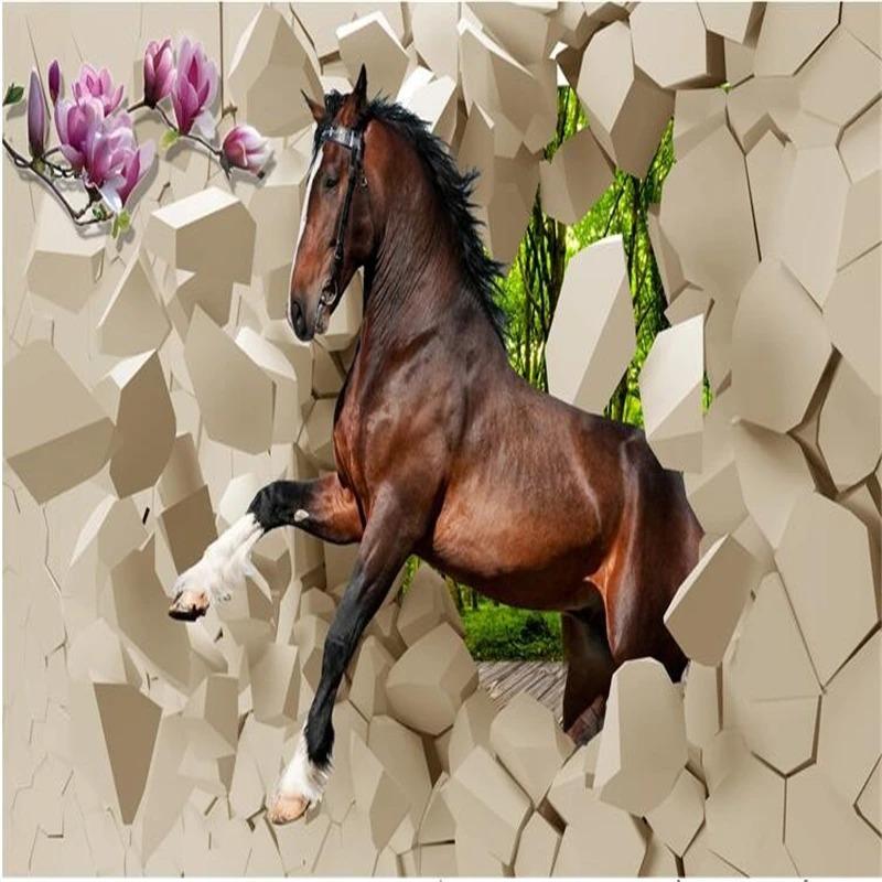 Papier Peint Photo Moderne 3d Mur de Briques Papier Peint Cheval Salon Fond TV Papier Peint Mural Pour Murs