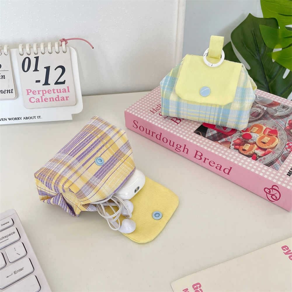 Plaid Earphone Bag Print Small Cosmetic Bag Card Holder Floral Organizer Bags Women