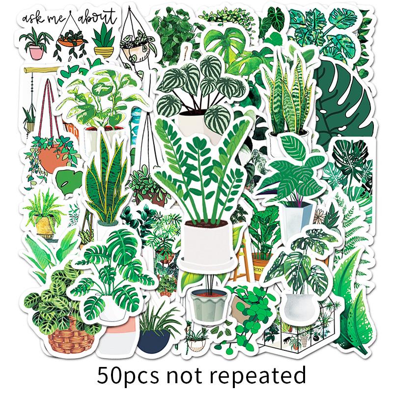 50pcs Cartoon Green Plant Graffiti Stickers for Notebook, Refrigerator, Luggage