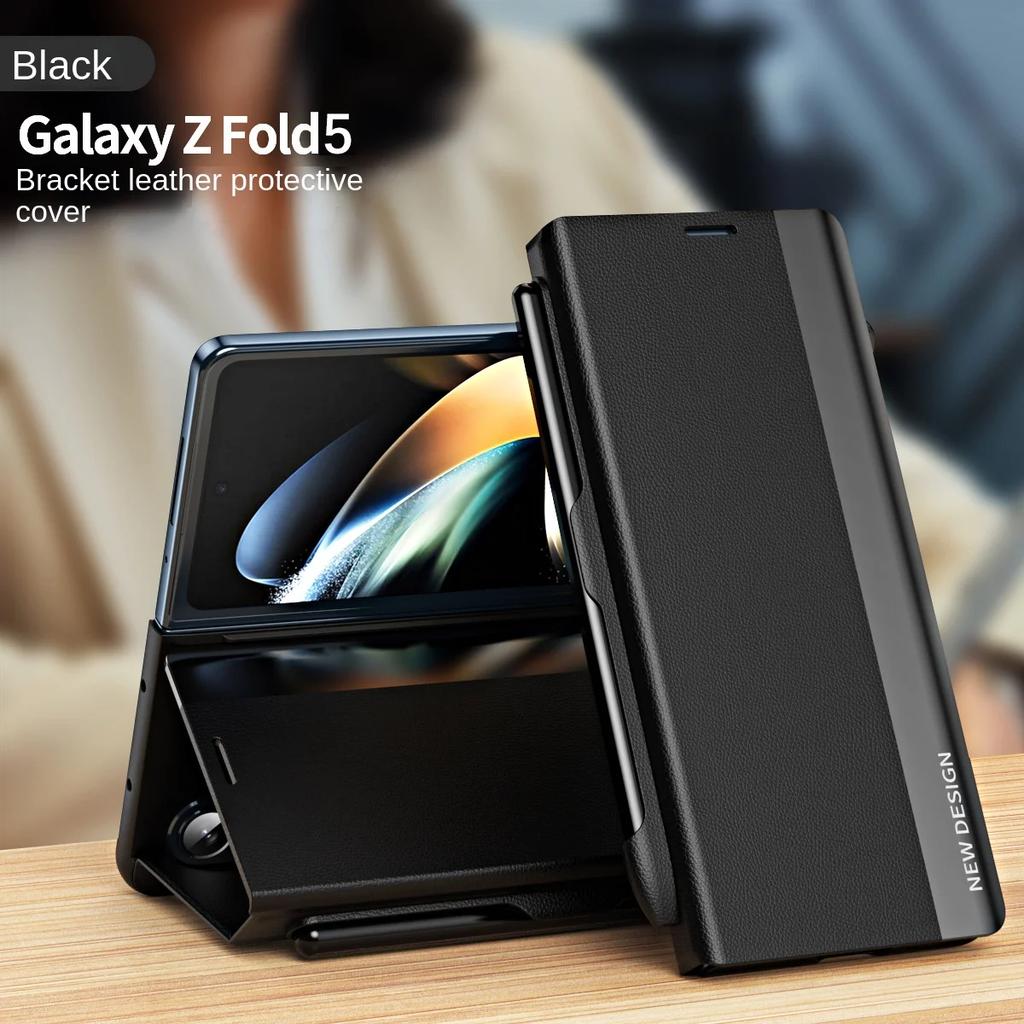Leather Electroplating Holder Pen Slot Tape Phone Case for Samsung Galaxy Z Fold 6 5 4 3 Fold5 Fold4 Fold3 Magnetic Flip Cover