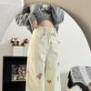 2025 Spring Little Bear Embroidered Pink Plaid Straight-Leg Jeans for Women - Slimming, Loose Fit