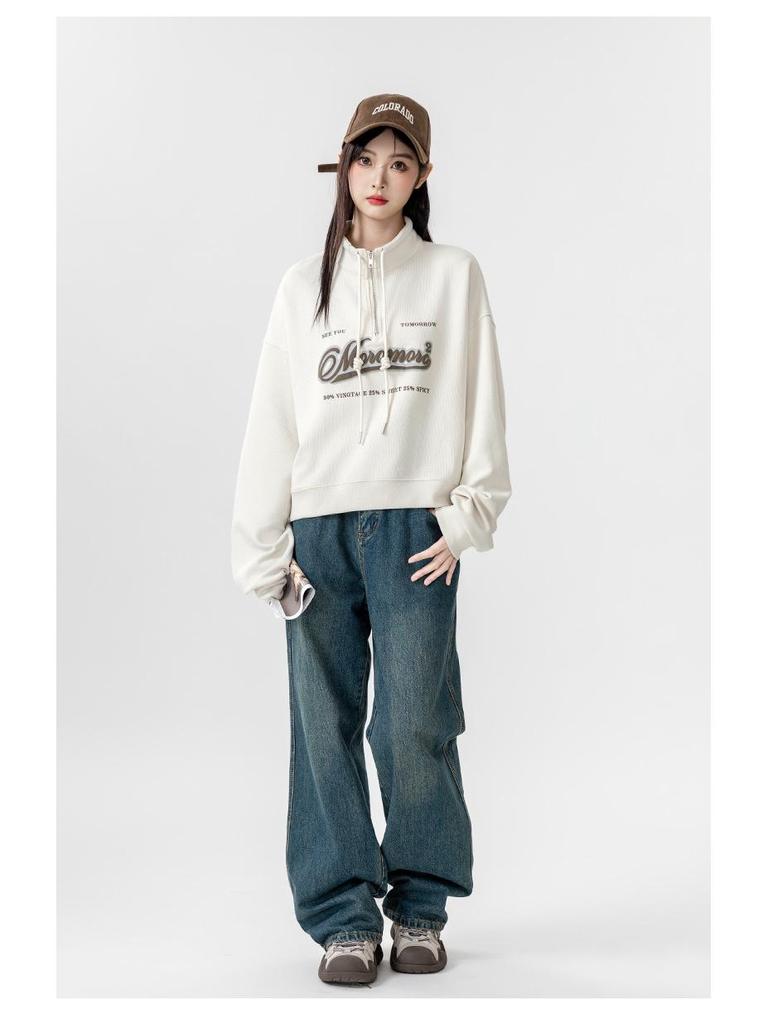 Europäischer Stil Stehkragen High Waist Sweatshirt für Damen - Übergröße, Schlankmachend, Lockere Passform, Kurzes Oberteil für Frühling & Herbst 2025