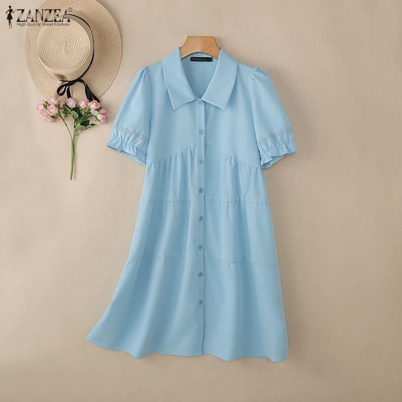 ZANZEA Women Casual Turn Down Collar Summer Short Sleeve Dress