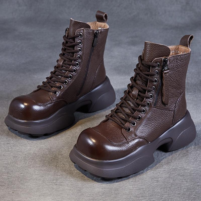 Johnature Vielseitige kurze Stiefel aus echtem Leder mit quadratischem Zehenbereich, lässige Stiefel mit dicken Sohlen, Damenschuhe