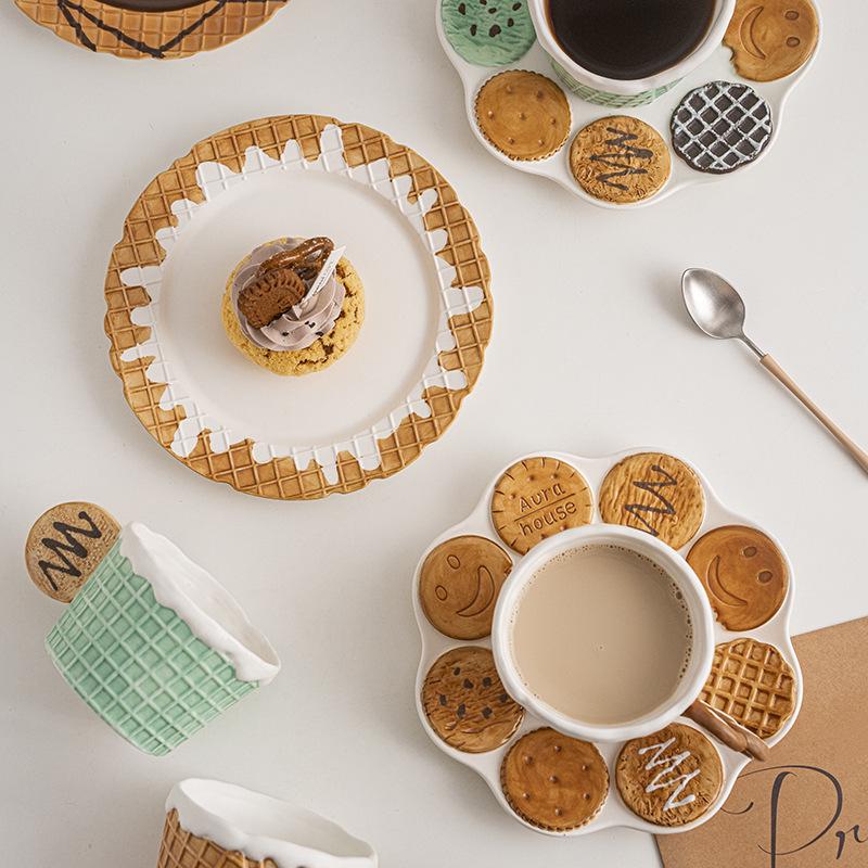 Cute Korean-Style Ceramic Mug & Cookie Series Tableware Set: Coffee Cup, Breakfast & Dinner Plates, Dessert Plate