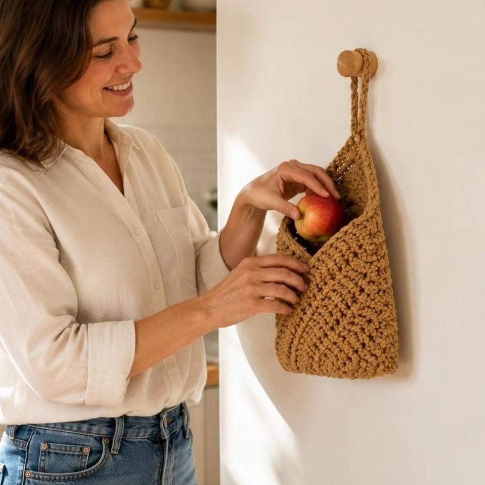 3PCS/SET Hand Woven Fruit Vegetables Basket Cotton Rope Wall Mounted Kitchen Storage Basket Breathable Mesh Pocket Fruit Net Bag