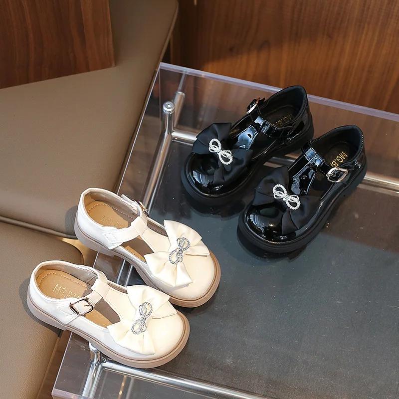 2024 Children Leather Shoes for Girls Autumn New Fashionable Korean Style Sweet Bowtie Soft Bottom Anti-slippery Versatile Shoes