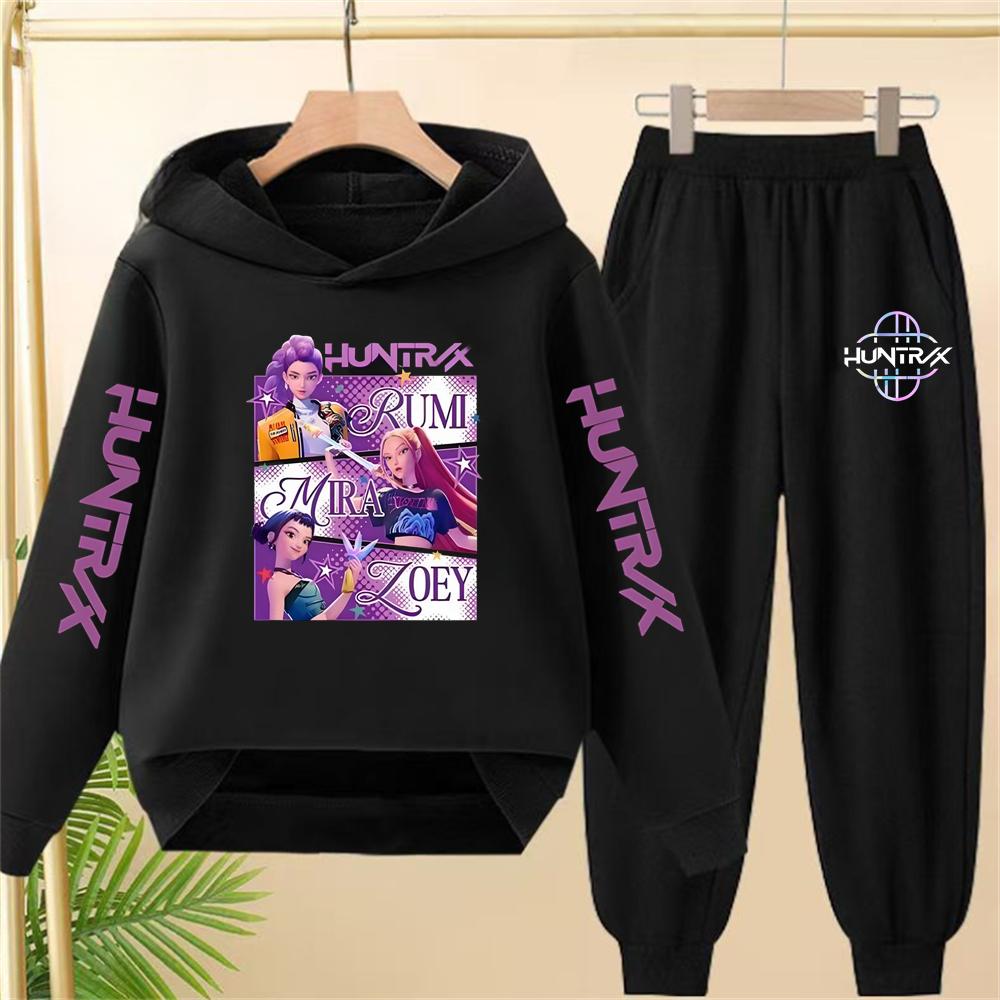 Children pink Hoodie KPop Demon Hunters Print Black Boys Girls Coat Sweatshirt+Pants Toddler Clothes autumn winter Set