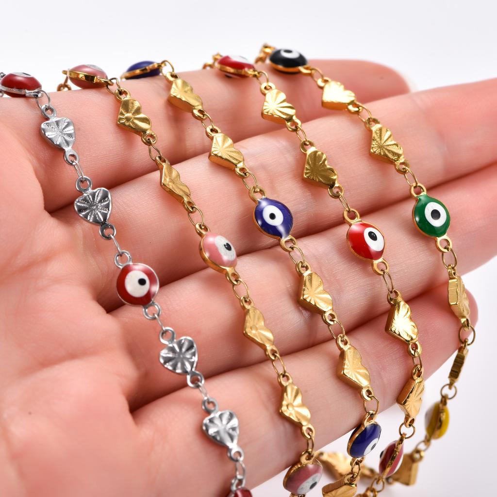 6MM Stainless Steel Necklace for Women Gold Chain Embosssed Heart Turkish Evil Eye Chain Bead Charms Metal Jewelry Choker