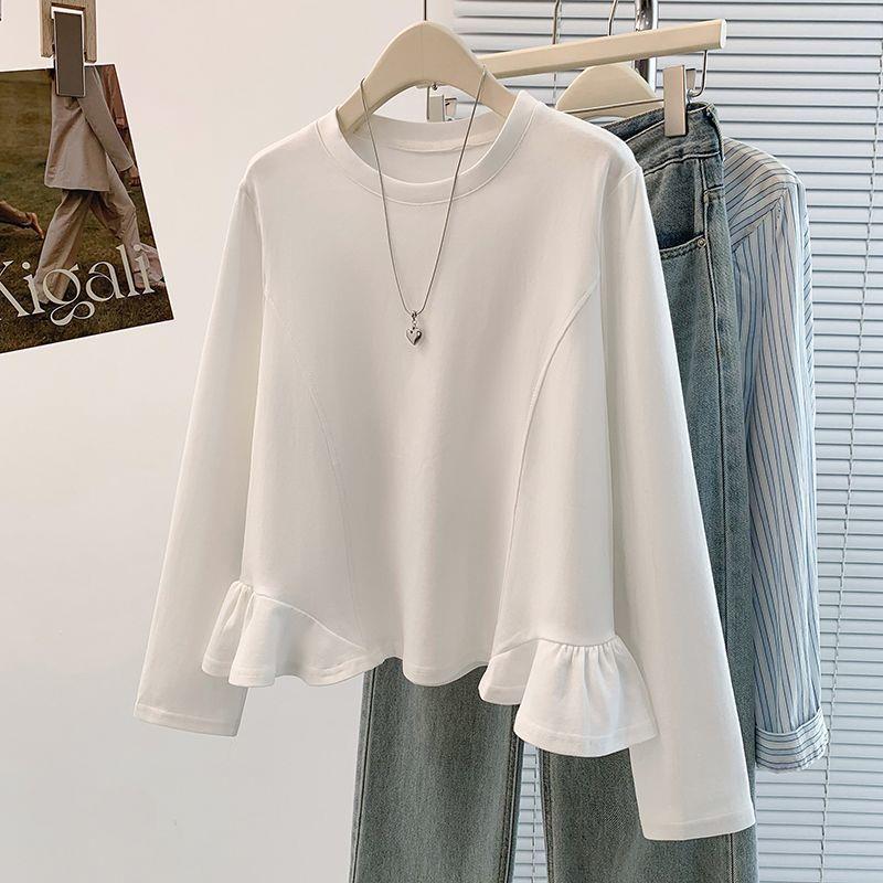 Top Subțire cu Mânecă Lungă, Volane și Gât Rotund, Mărimi Mari, Colecția Toamnă 2025