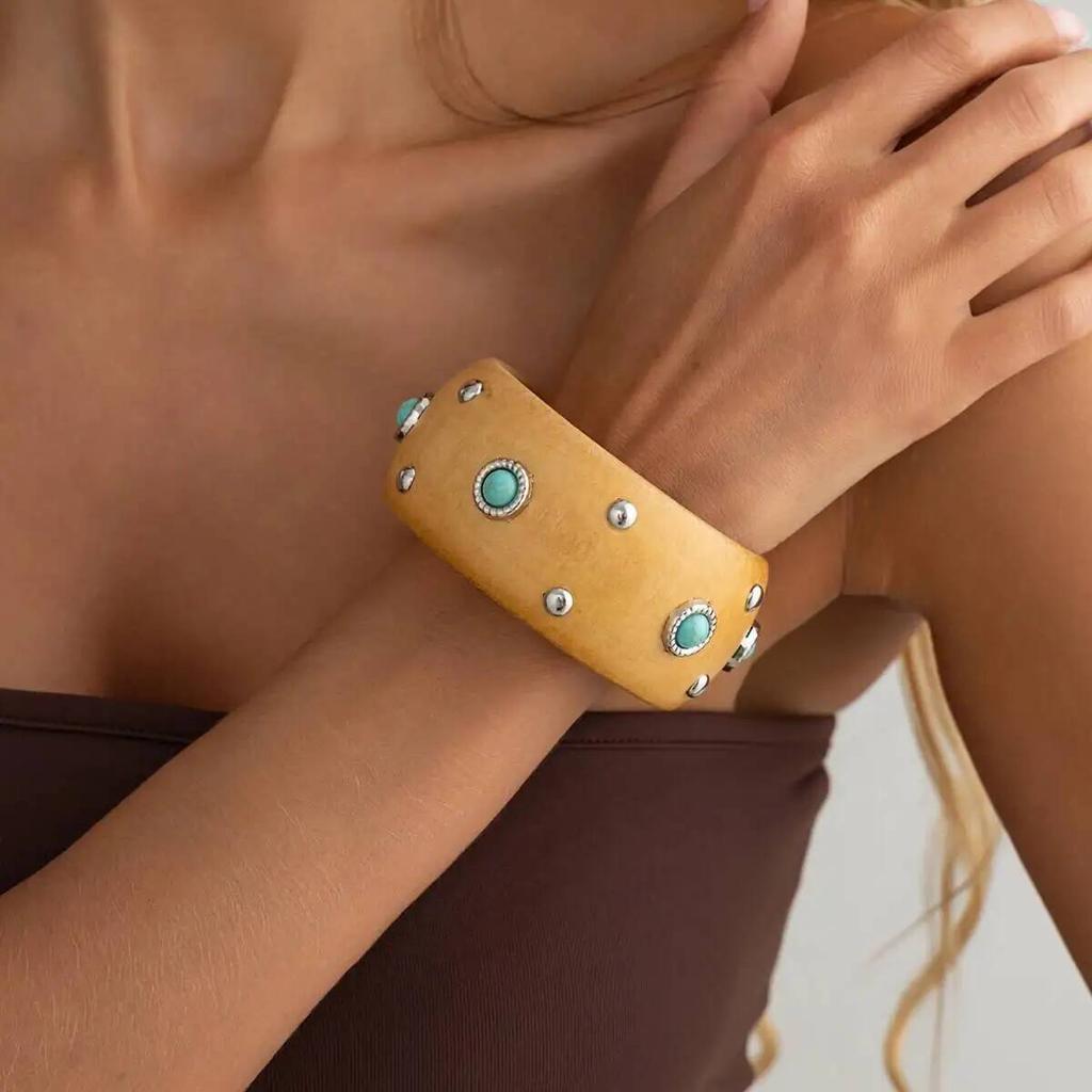 Salircon 2026 New Irregular Hyperbole Wooden Cuff Bangles Women Creative Round Geometric Wide Inlaid Turquoise Bracelets Jewelry