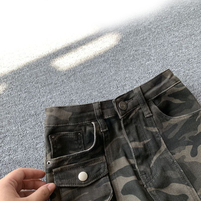 Camouflage Arbeitsjeans Damen Übergröße Schlaghosen Design Gerade Locker Hufeisen Schleifende Hose Jeans für Damen Lange Denimhose