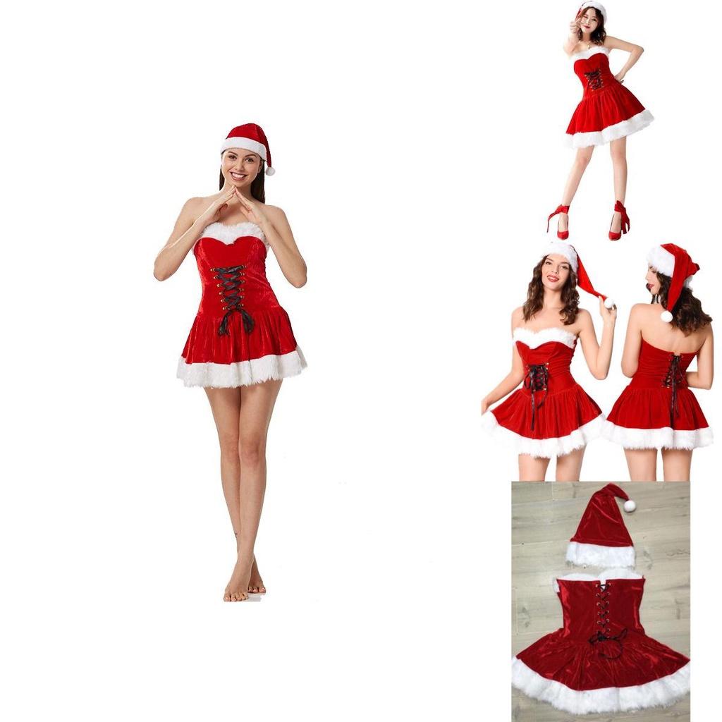 Elegant Red Velvet Sexy Women Christmas Fancy Dress Santa Claus Costume Outfit Hat