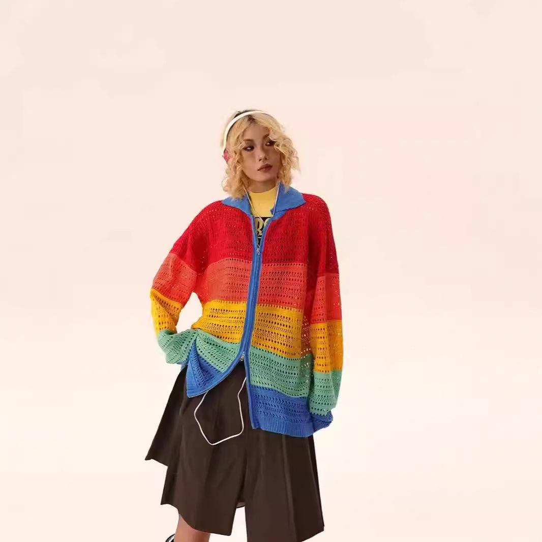 

Women s Free-Range Rainbow Knit Cardigan – Summer/Autumn Hollow Tulle Sunscreen Jacket Double Extra Large