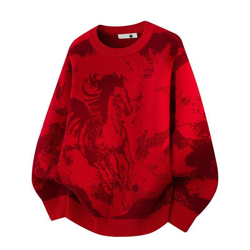 

Men s Dragon Year Red Sweater - Round Neck, Loose Fit, Thick & Warm for Autumn/Winter 2025-2026 XL червоний