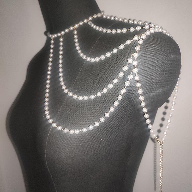 

Simple sexy multi-layer pearl shoulder chain retro imitation pearl shawl necklace houlder chain білий