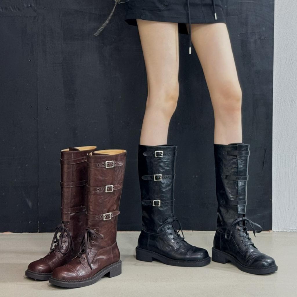 New spot brown but knee boots women's 2025 new retro leather western cowboy boots American punk