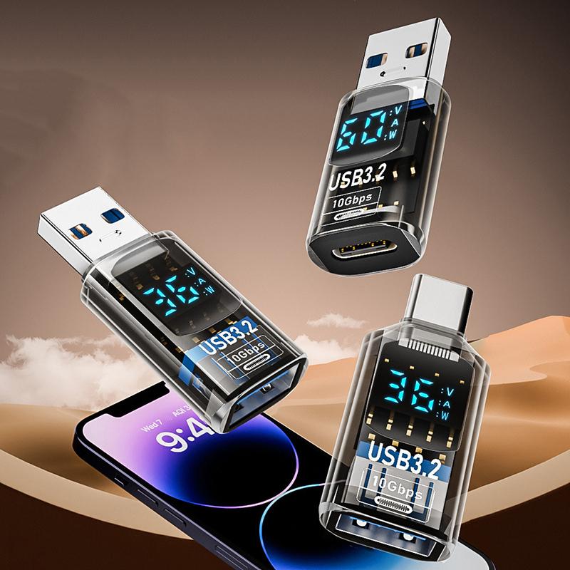 36W 3A Qc Charging Adapter With Digital Display Voltage Current Power Meters Usb 3.2 10Gbps Otg Usb A Male To C Pd 60W Charger