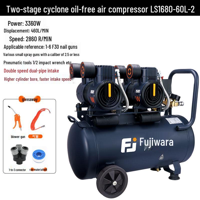 Silent Oil-Free Air Compressor for Woodworking and Auto Repair with High Displacement and Large Pressure Gauge.