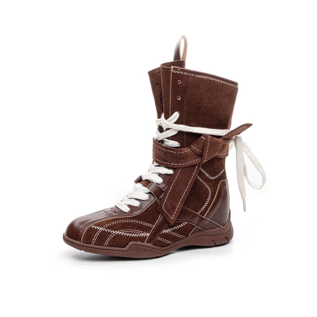Women's Retro Martin Mid-Calf Leather Boots - Small Size, Brown, Thick Sole, Fall 2025 Edition