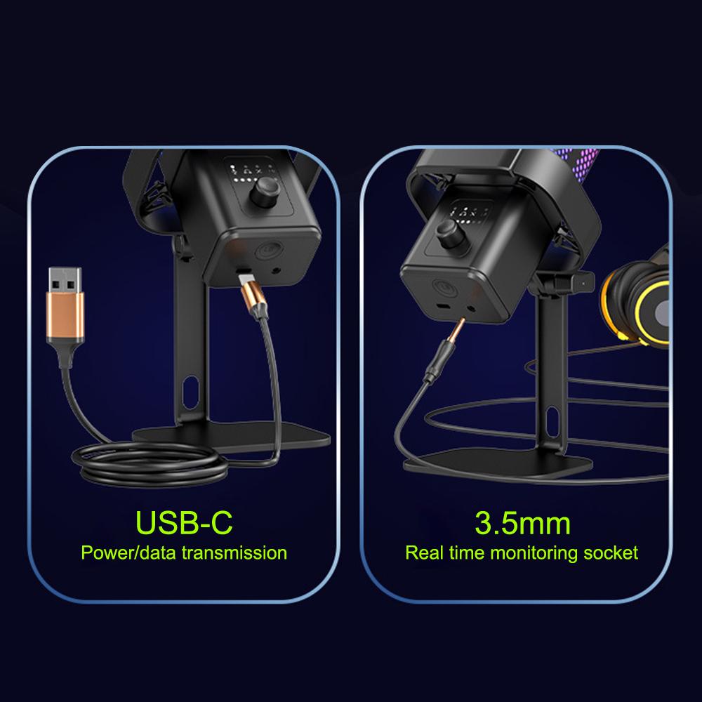 Metalowy Mikrofon Kondensatorowy z Oświetleniem RGB Profesjonalny do Streamingu i Nagrywania, Mikrofon USB na Biurko do Podcastów dla Komputera PC Laptop