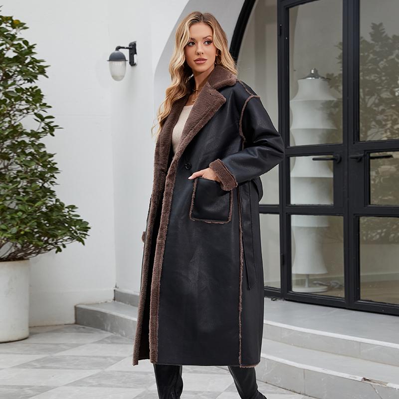 ziai 2025 Winter Damen Jacke aus Kunstleder Lang Warm Plüsch Fellkragen Wattierter Mantel Mode Tasche Weiblich PU Leder Parkas K18