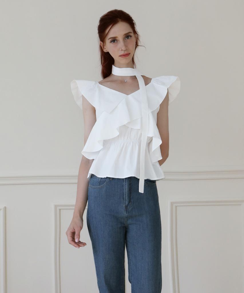 Keulleiseu V-Neck Frill Sleeveless Blouse_Light Blue