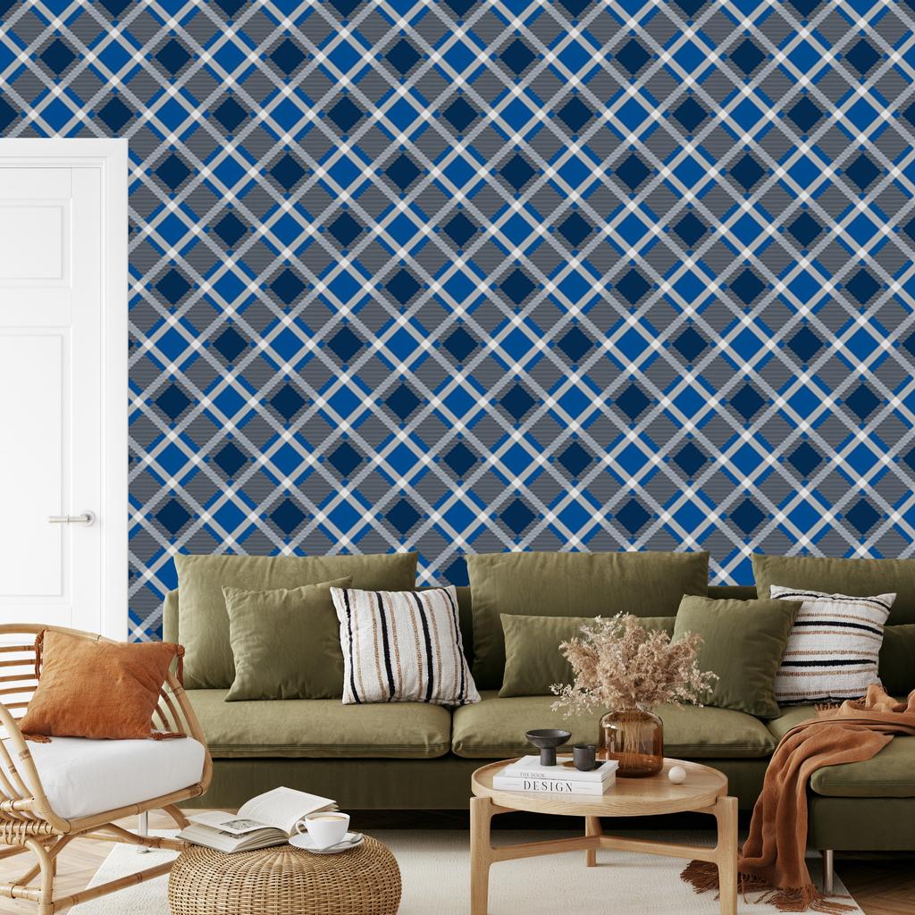 Blue Checkered Wallpaper, Blue, Navy Blue, and Gray, 50x1000