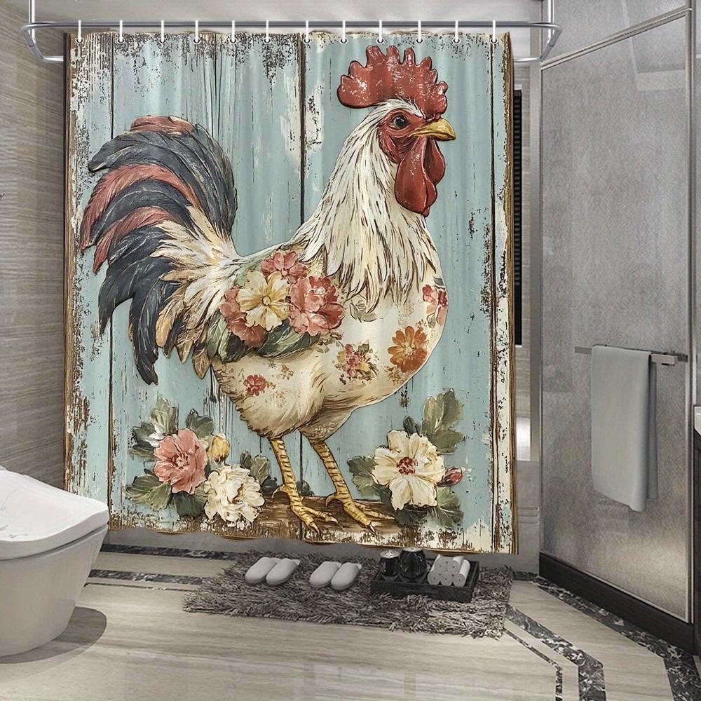 Simple Rooster Shower Curtain - Rural Charm with Flower Decoration Living Room Wall Hanging, Bedroom Decoration - FarmhouseStyle