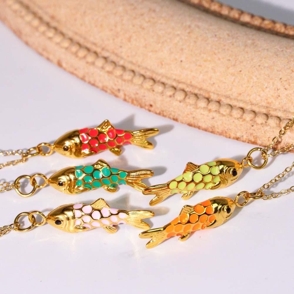 Ocean Style Plated Enamel Fish Choker Movable Brass Colorful Necklace Accessories