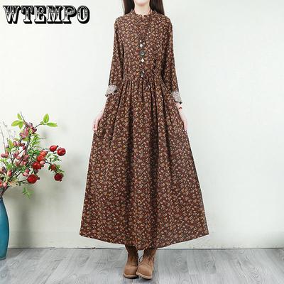 Vintage Literary Coil Button Small Floral Dress Cotton Blend Dresses Women's Spring and Autumn Plus-size Loose Drawstring Waist Bottom Skirt