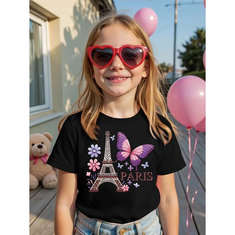 European Sizes Girls' Summer Clothing, T-Shirt with Eiffel Tower And Butterfly Flower Print, Creating a Stylish Look