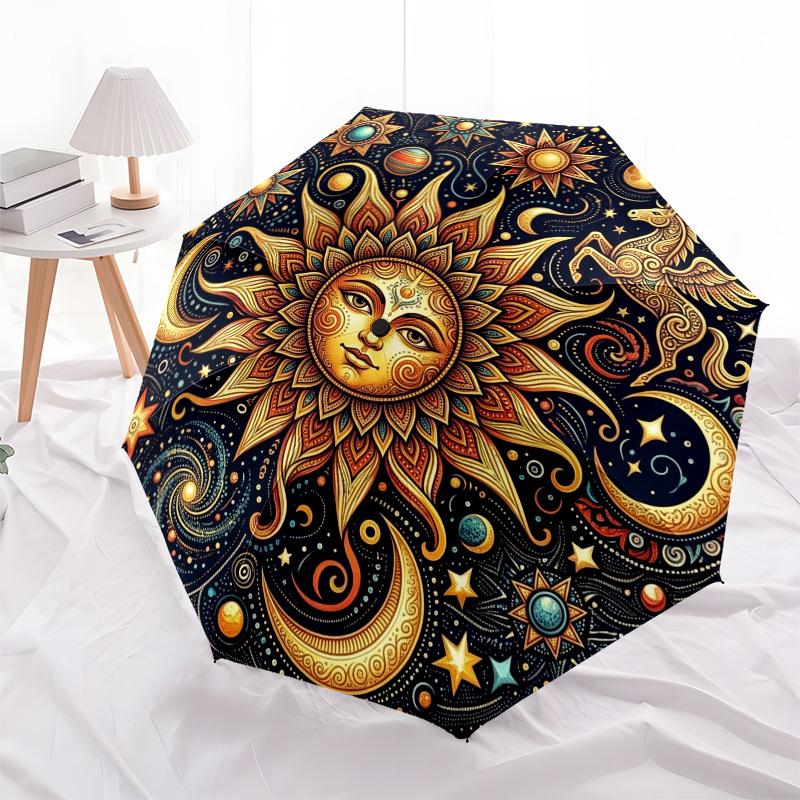 1pc Sun, Celestial, Mandala Umbrella with Plastic Handle,Compact & Stylish,Suitable for All Seasons YS331069
