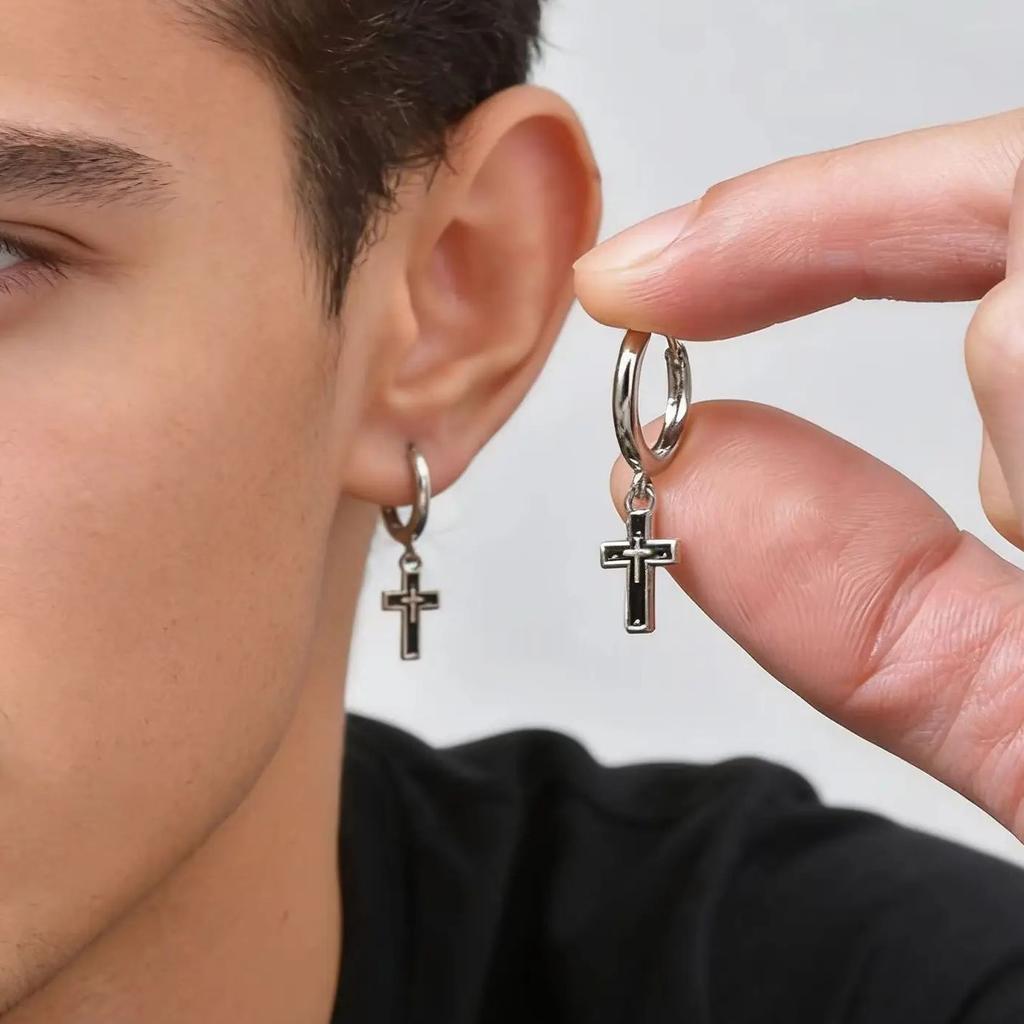 Classic Punk Cross Pendant Hoop Earrings for Men Fashion Not Fade Drop Earrings Waterproof Piercing Jewelry Gift