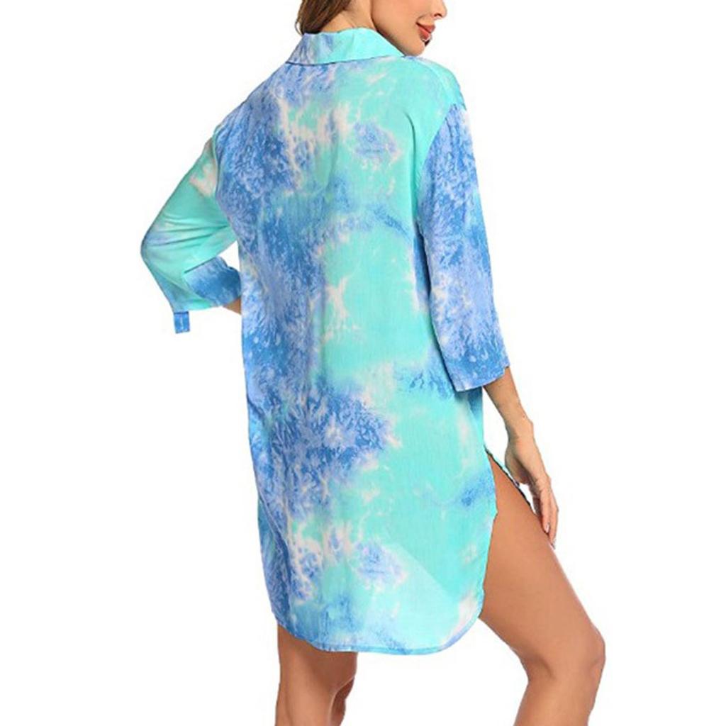 Damenmode bedrucktes, entspanntes, langärmliges, kurzes Strandblusen-Hemdkleid mit V-Ausschnitt