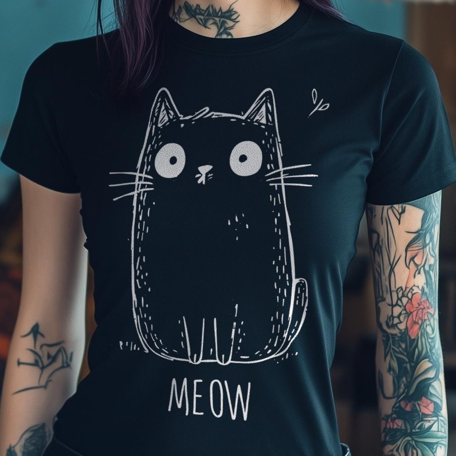 Meow Cat Tee - Cartoon Kitty Graphic T-shirt S