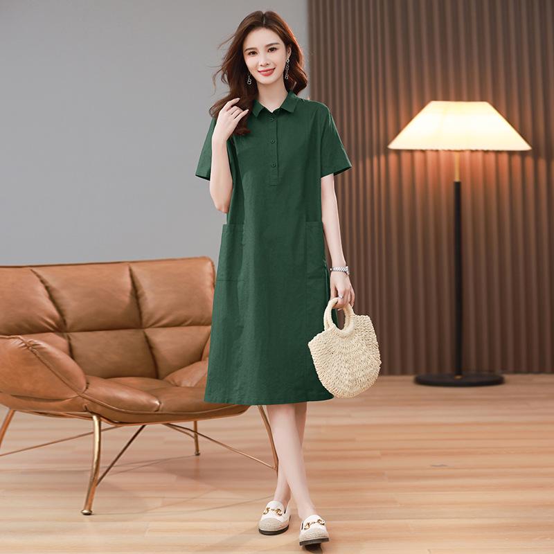 Chic Purple Cotton-Linen Dress for Middle-Aged Women - Summer Solid Color with Small Lapel