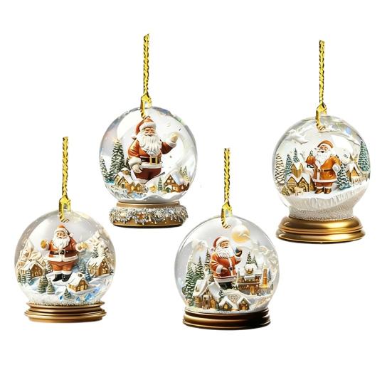 4Pcs Christmas Santa Glass Ball Ornament Winter Holiday Party Xmas Tree Hanging 2D Acrylic Santa Claus Snow House Ball Decoration