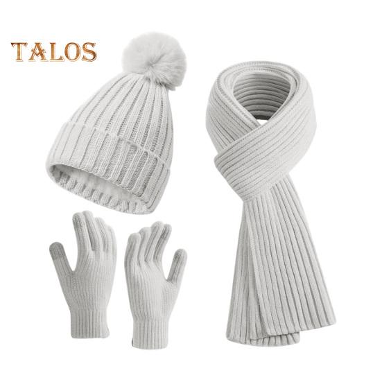 

3 шт./комплект зимняя шапка шарф перчатки комплект унисекс вязаный толстый теплый эластичный высокочувствительный сенсорный экран плюшевый мяч декоративный для велоспорта на открытом воздухе с флисовой подкладкой белый