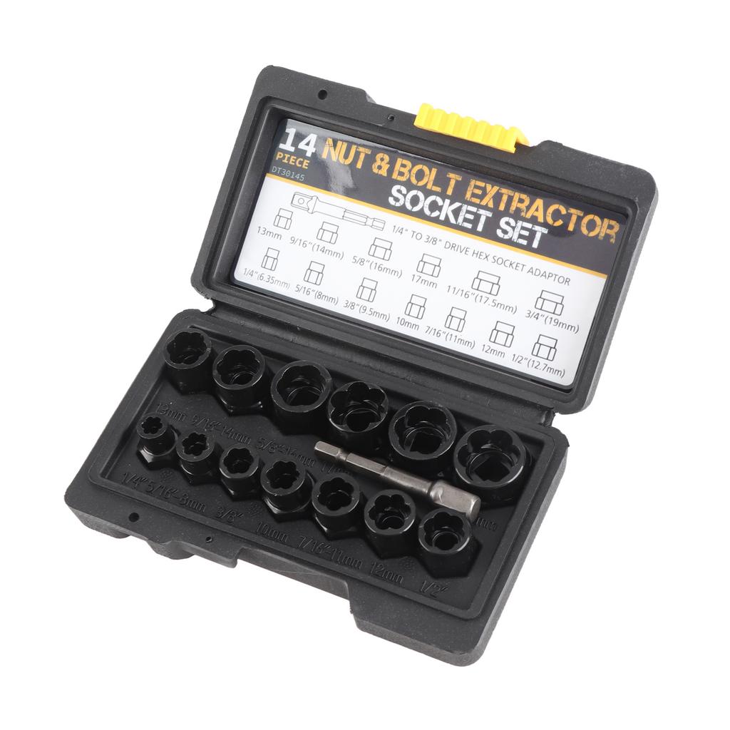 14 Pcs Set Nut Bolt Extractor Alloy Steel High Hardness Anti Slip Bolt Nut Remover with Socket Adapter Bar