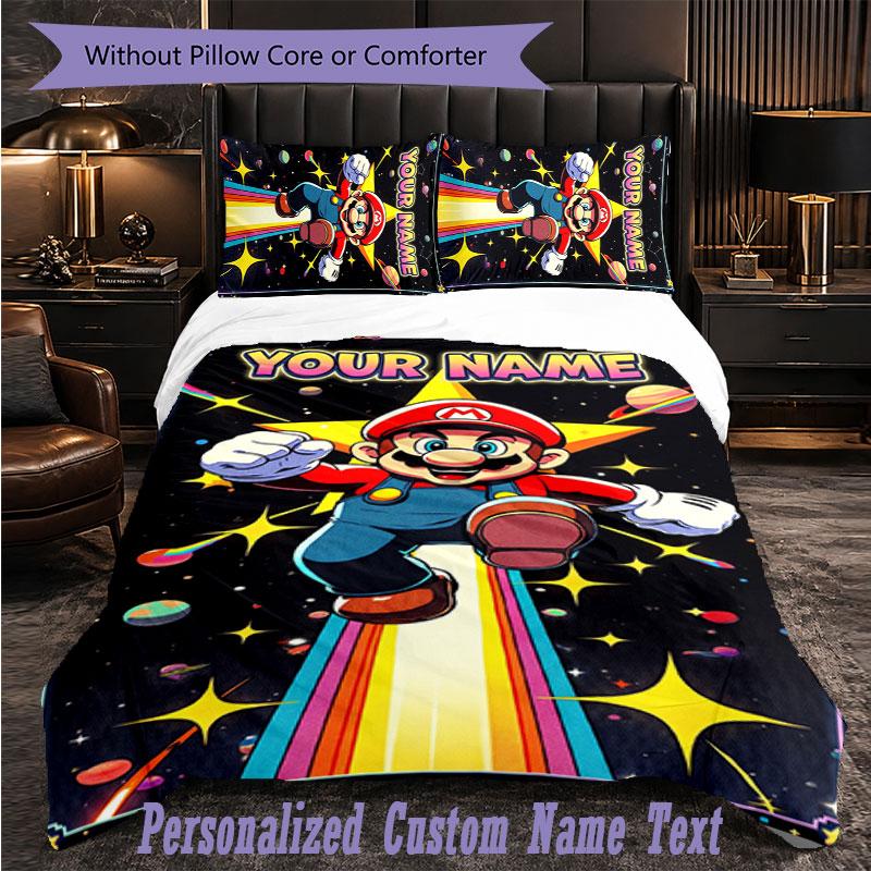 Personalized 3Pcs Bedding SetSuper Mario Custom Text Duvet Cover Pillowcase Set Bedroom Gift