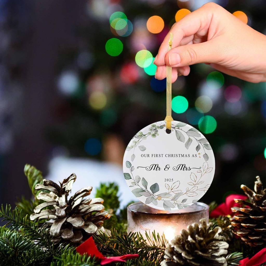 Our First Christmas Married Ornament 2025,Wedding Gifts for Couples Unique Decoration,First Year Newlywed Mr and Mrs Hanging 2.9" Ceramic Round