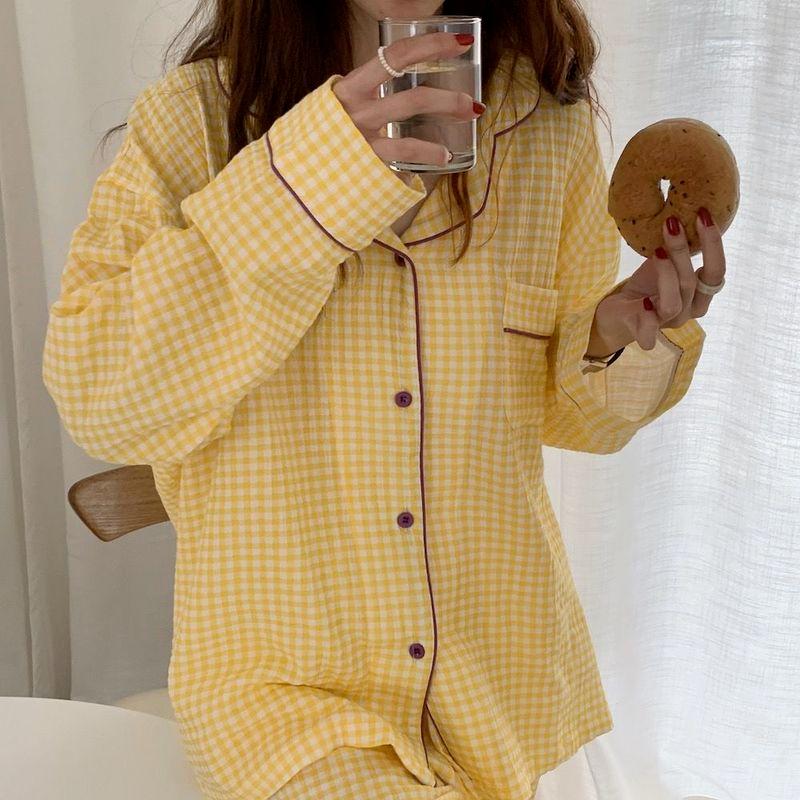 Baumwolle Damen Pyjama Nachtwäsche Weiblich 2-teiliges Set Pijama Kariert Nachtkleidung Herbst Pyjama Kleidung