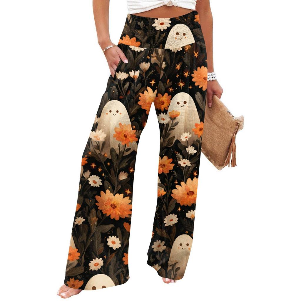 Women's Casual Time Straight Leg Pants Print High Waist Pants With Pockets