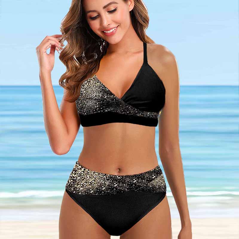Women's Shoulder Strap Swimsuit Half Sequin Gold Print Bikini Tankini Swimsuit
