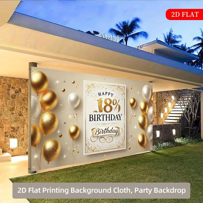 2D Gold Balloon 18 Happy Birthday Party Decoration Backdrop with Ribbon
