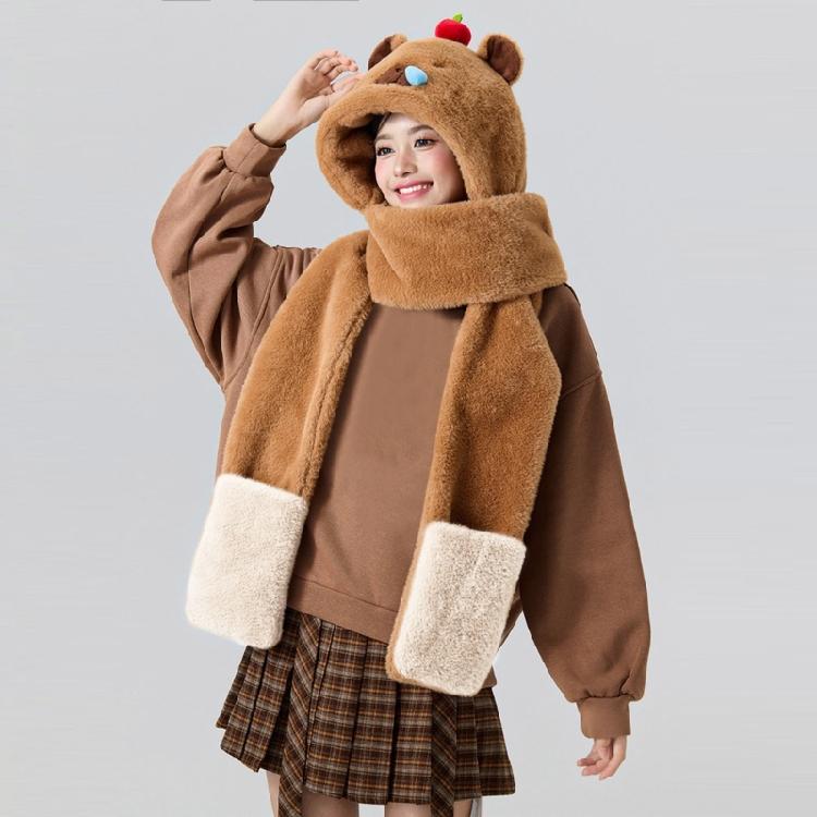 Furry Capybara Hat for Cycling and Running Sport Thicken Capybara Gloves Thick