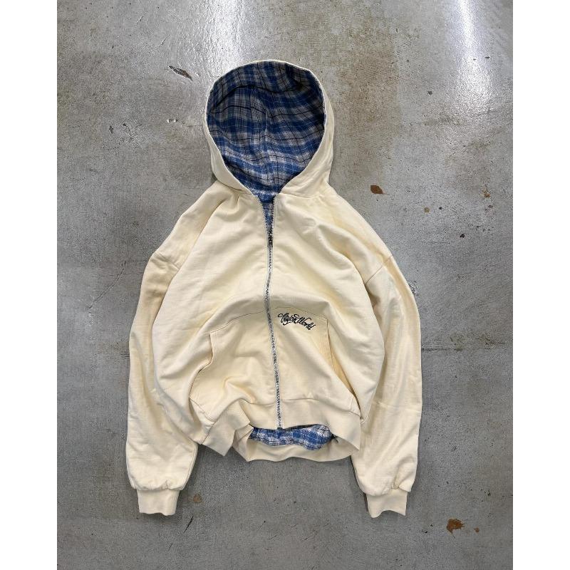 Reversible Plaid American Retro Zipper Hoodie Sweatshirt Mens Womens Casual Plaid Sweatshirt Solid Color Y2K Street Style
