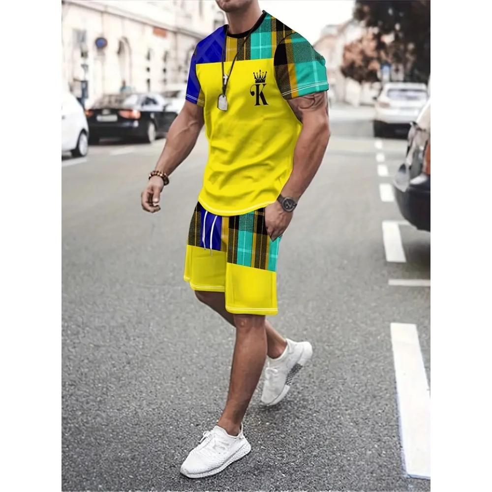 

Новый мужской костюм из двух частей 1976 года с круглым принтом, летний мужской костюм из двух частей с короткими рукавами и воротником-стойкой + шорты 6XL